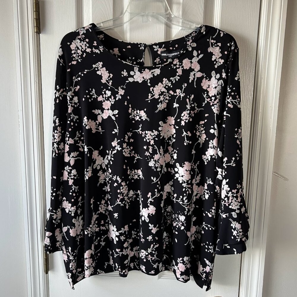 NWT Karl Lagerfeld 3X Black Floral Tunic Asymmetrical 3/4 Bell Ruffle Sleeve NEW - Picture 4 of 6